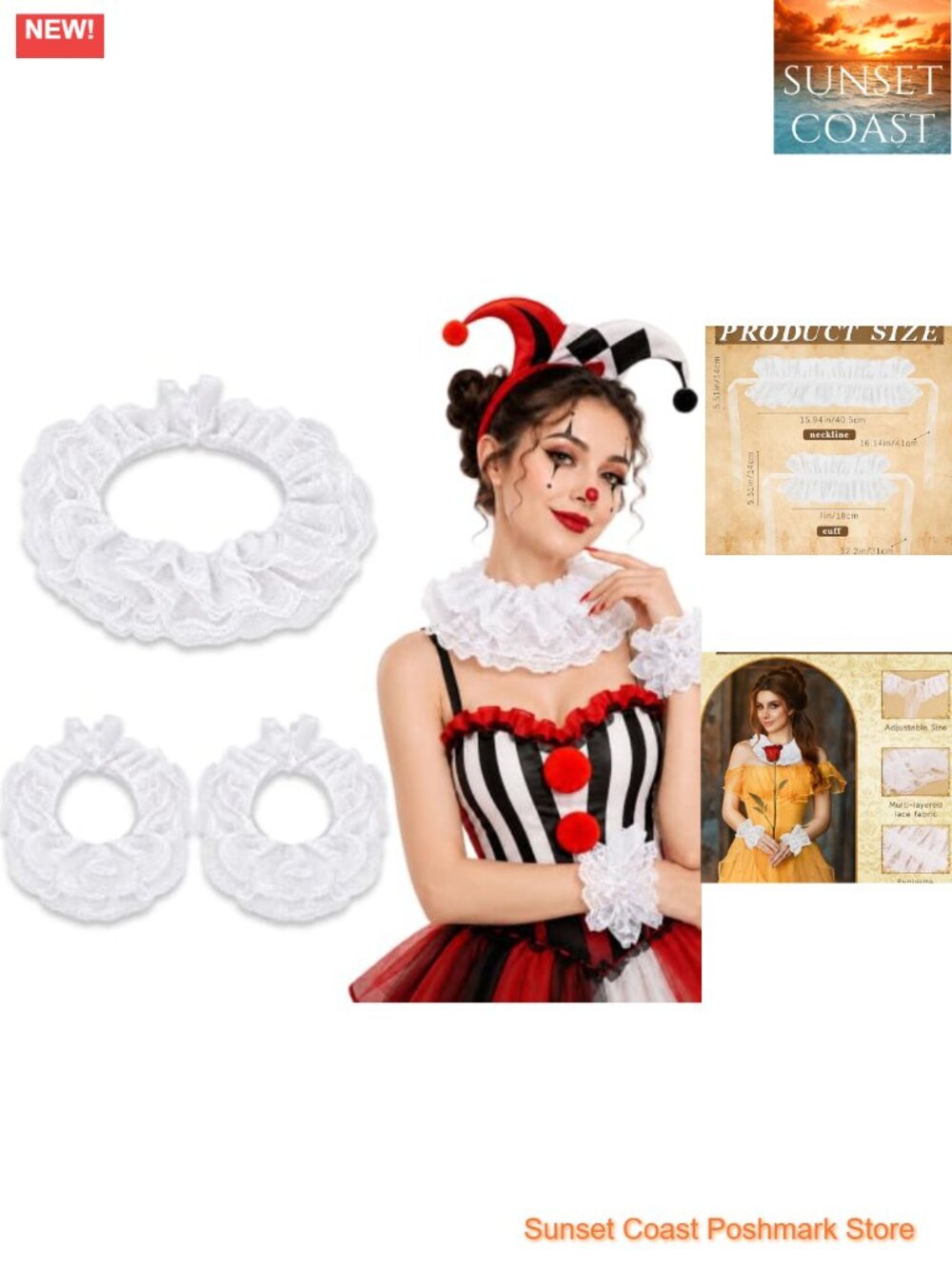 Lace Ruffle Clown Collar and Cuffs Set Adjustable Costume Accessory